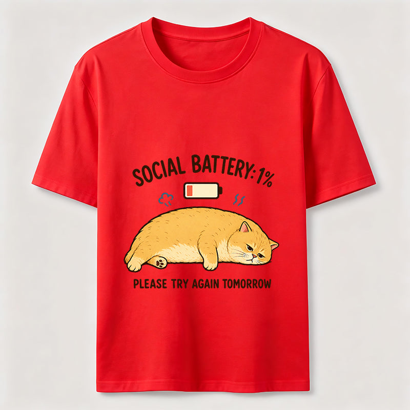 Social Battery 1% Funny Introvert Cat Lover Graphic Tee