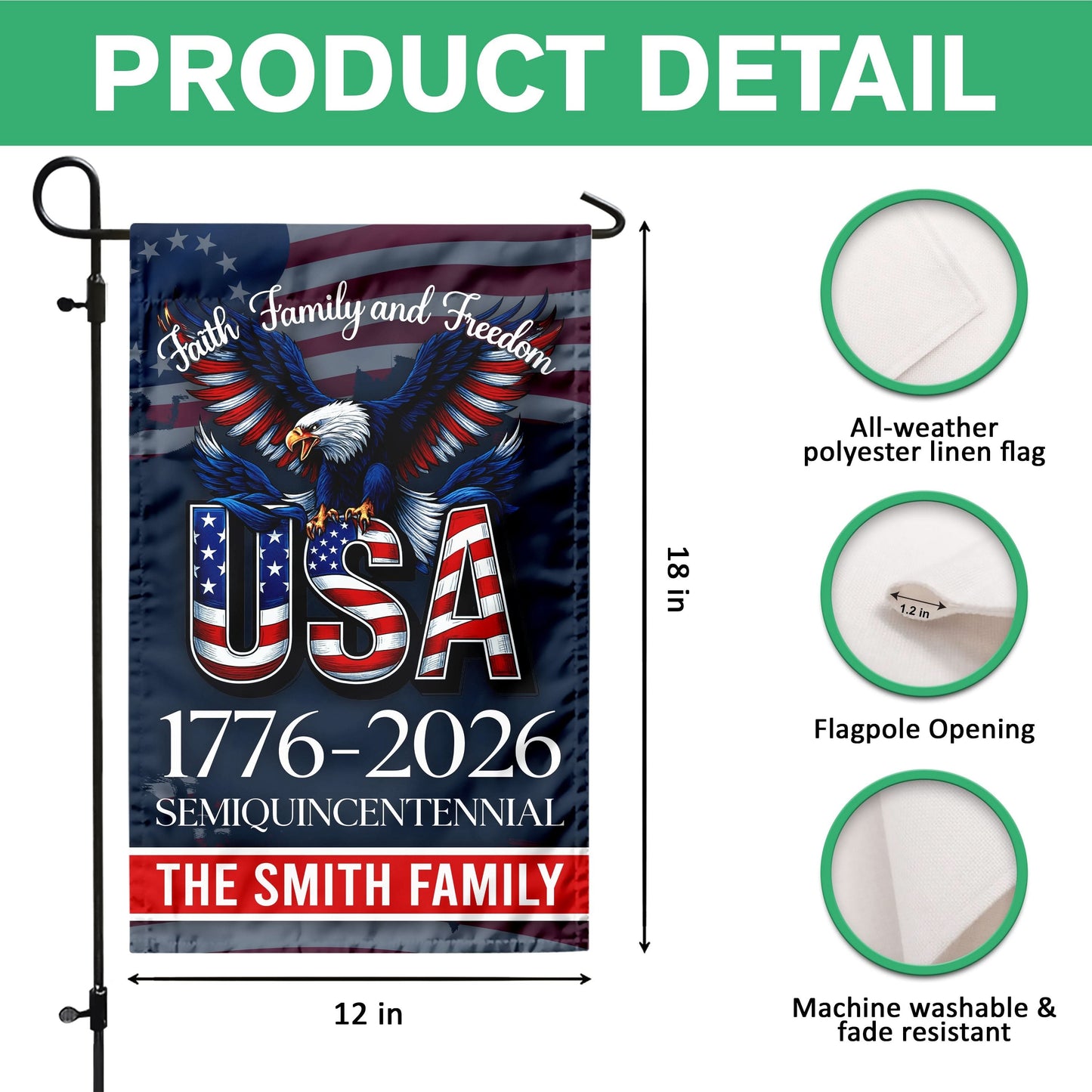Custom Name Faith, Family & Freedom 250 Years of America Patriotic Garden Flag LM32 897165