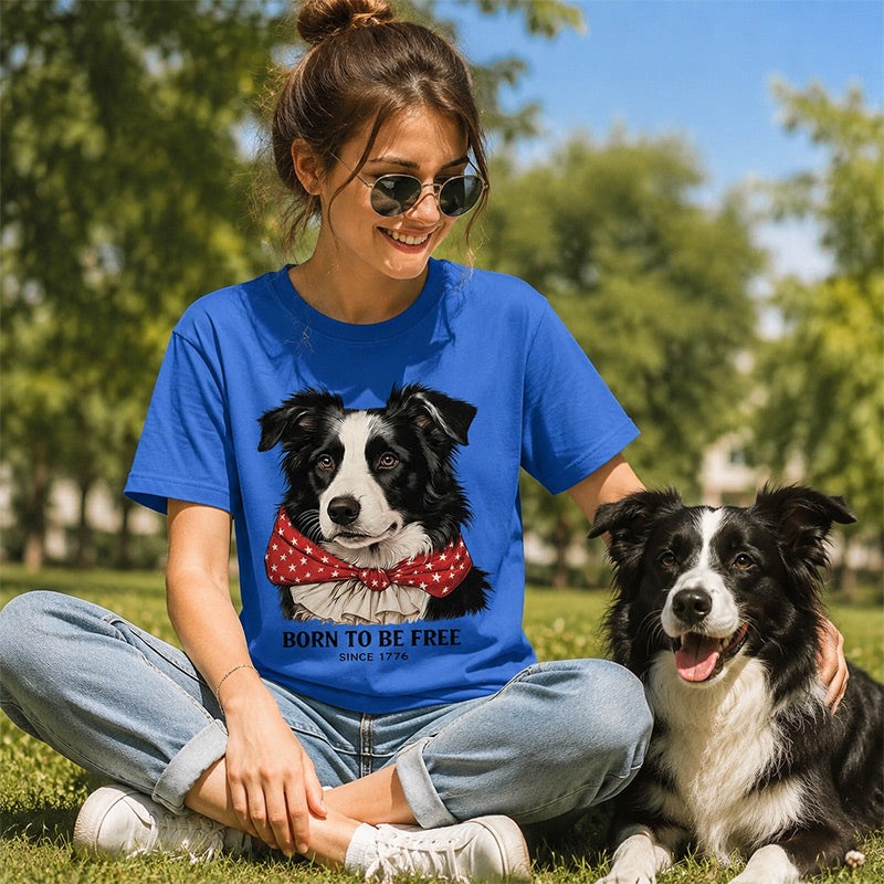 Born to Be Free Patriotic Border Collie T-Shirt