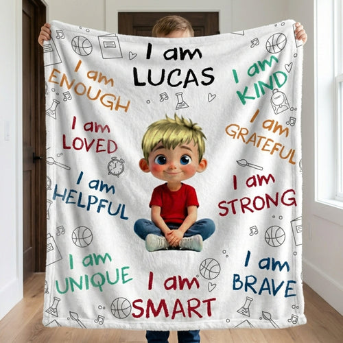 Little Hero’s Creed: Personalized Blanket - ‘Strong, Brave & Special’ Cartoon Adventure
