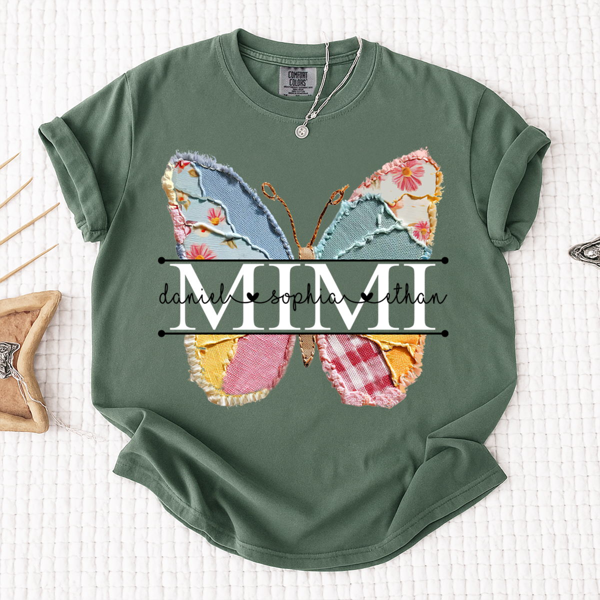 Comfort Colors Custom Mimi T Shirt, Floral Butterfly Design with Grandkids Names, Personalized Family Tee