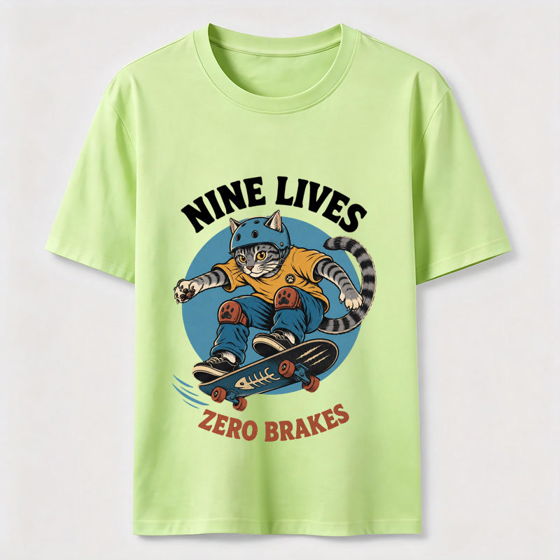 Nine Lives Zero Brakes Skateboarding Cat T-Shirt