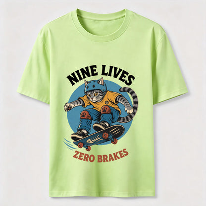 Nine Lives Zero Brakes Skateboarding Cat T-Shirt