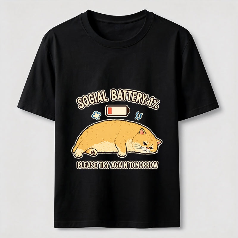 Social Battery 1% Funny Introvert Cat Lover Graphic Tee