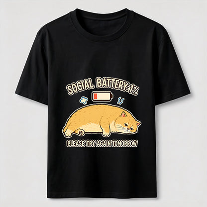 Social Battery 1% Funny Introvert Cat Lover Graphic Tee