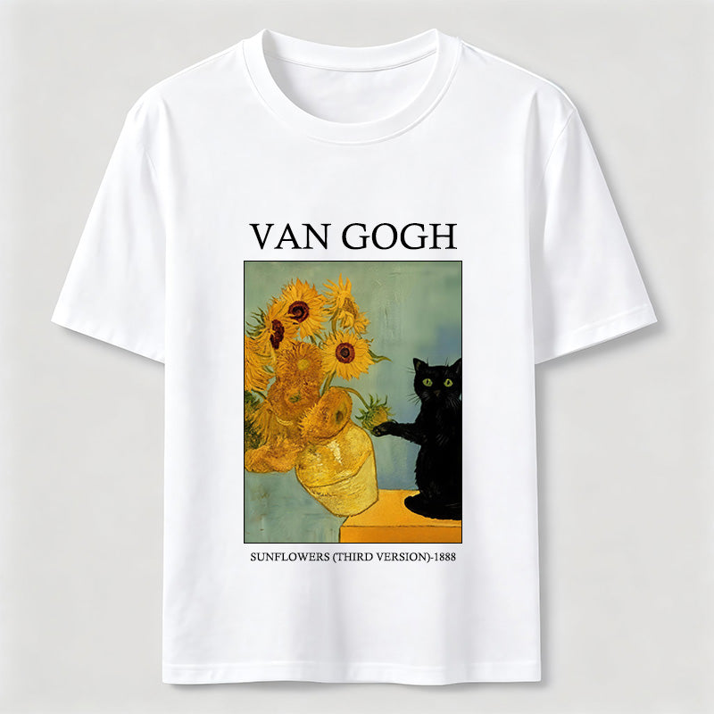 Van Gogh Sunflowers Black Cat T-Shirt