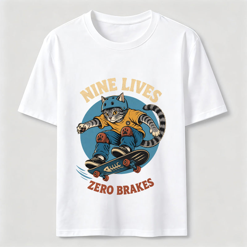 Nine Lives Zero Brakes Skateboarding Cat T-Shirt