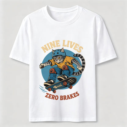 Nine Lives Zero Brakes Skateboarding Cat T-Shirt