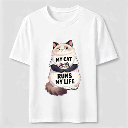 My Cat Runs My Life Funny Cat Lover Graphic Tee