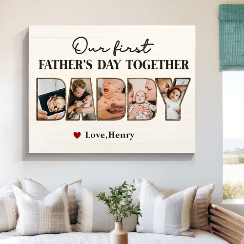 Custom First Father's Day Photo Collage Canvas for Dad with personalized design details for meaningful gifting