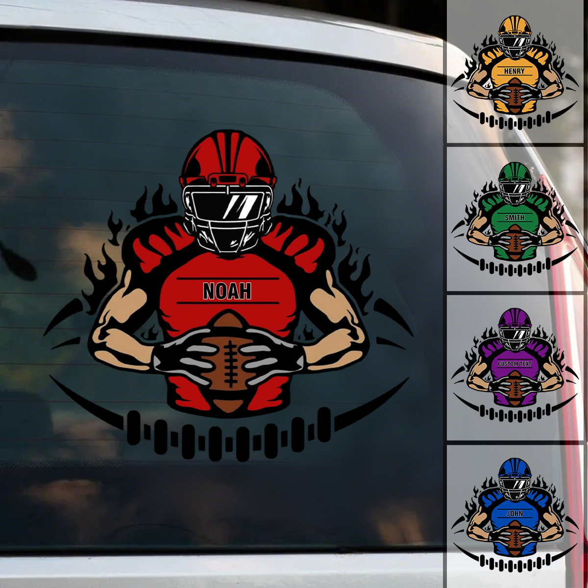 Personalized football player sticker with custom name on a car window