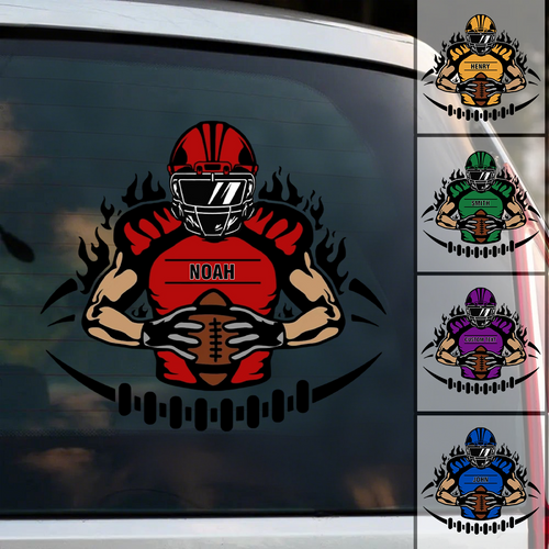 Personalized football player sticker with custom name on a car window