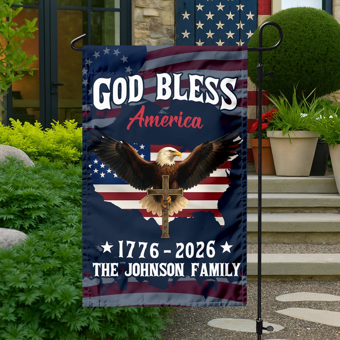 Custom Family Name Patriotic 250th Anniversary God Bless America Eagle 1776–2026 Garden Flag HO82 900870