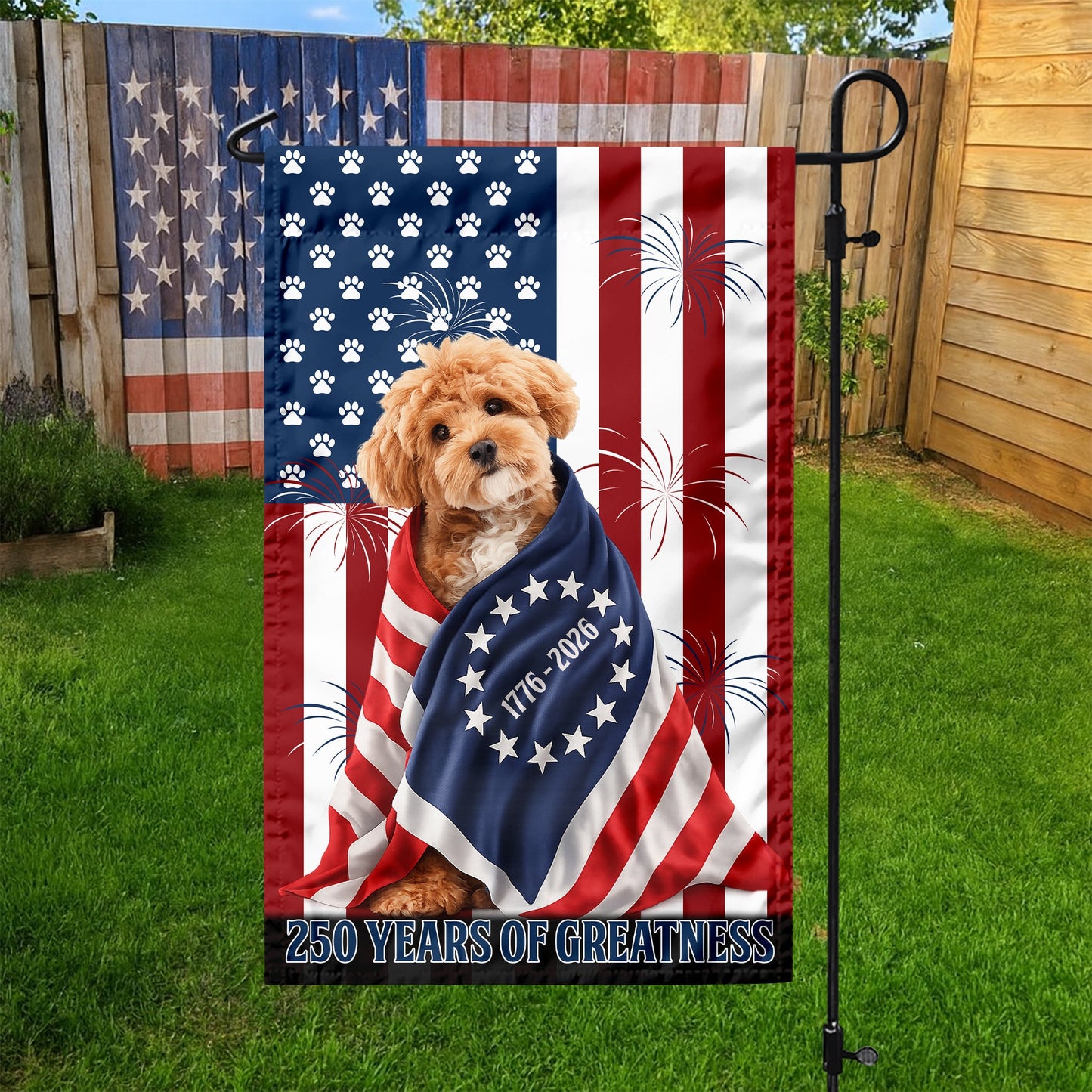 Custom Photo My Dog, Cat Loves USA 250 Patriotic Garden Flag HA75 898908