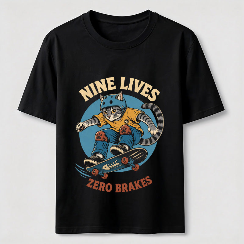 Nine Lives Zero Brakes Skateboarding Cat T-Shirt