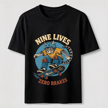 Nine Lives Zero Brakes Skateboarding Cat T-Shirt