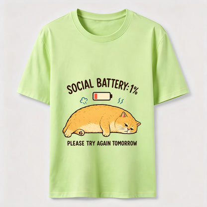 Social Battery 1% Funny Introvert Cat Lover Graphic Tee