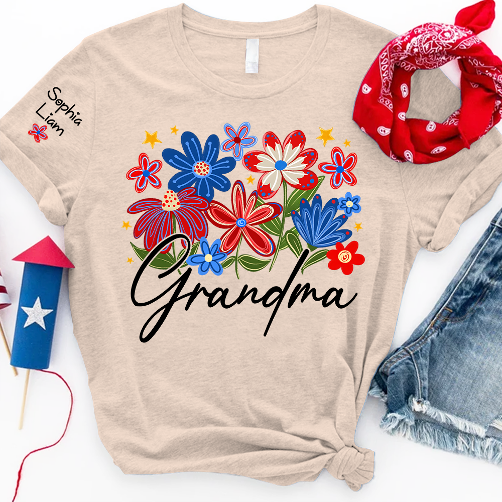 Personalized Grandma T Shirt with Colorful Floral Design, Custom Gift for Grandma, Perfect for Mother’s Day, 4th of July Shirt