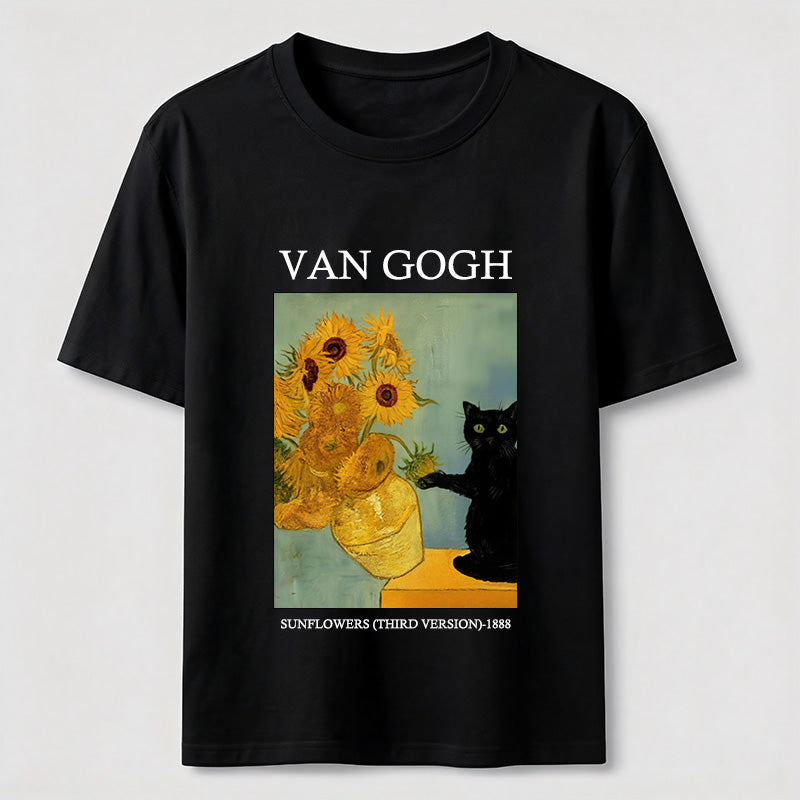 Van Gogh Sunflowers Black Cat T-Shirt