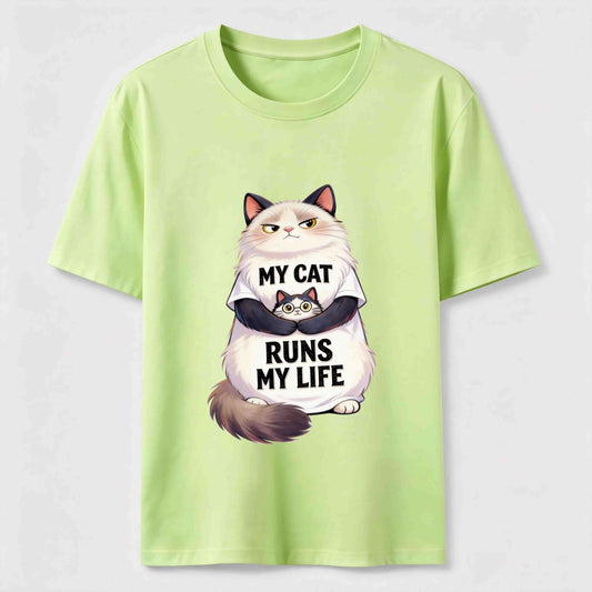 My Cat Runs My Life Funny Cat Lover Graphic Tee