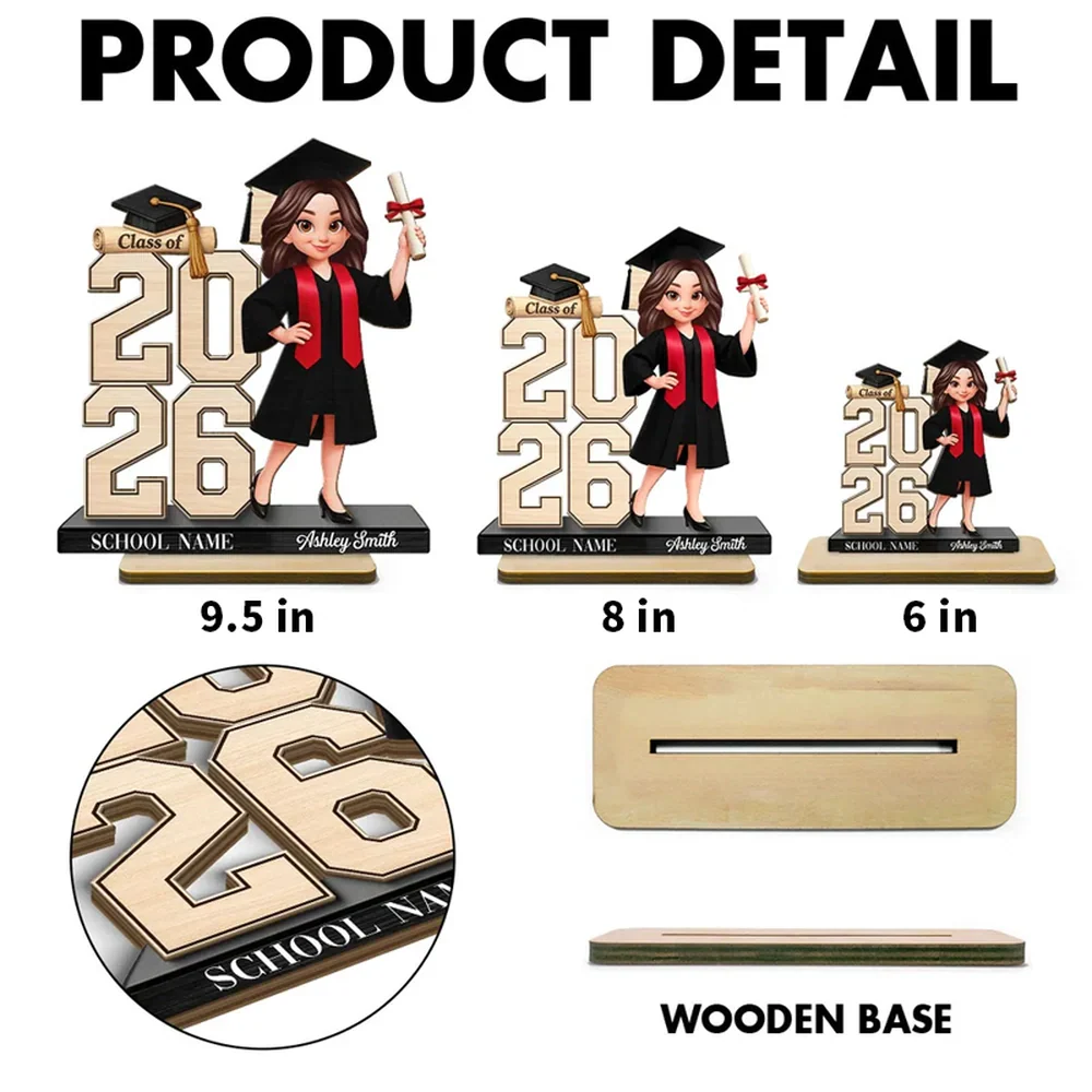 Custom Graduation Girl Character 2-Layer Wooden Plaque, Class Year Keepsake for Living Room Display, Thoughtful Gift