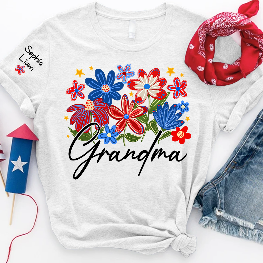 Personalized Grandma T Shirt with Colorful Floral Design, Custom Gift for Grandma, Perfect for Mother’s Day, 4th of July Shirt
