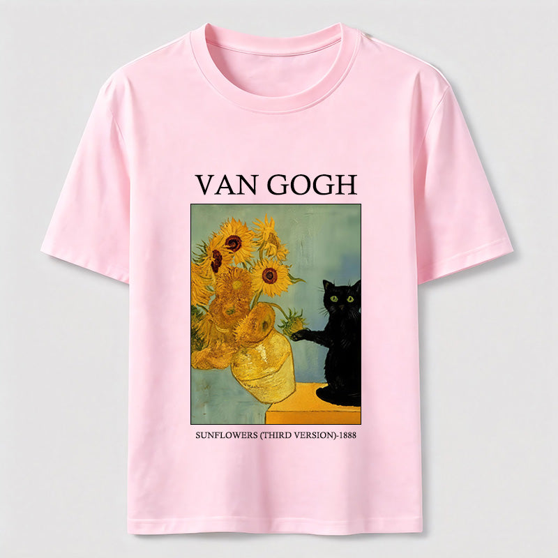 Van Gogh Sunflowers Black Cat T-Shirt