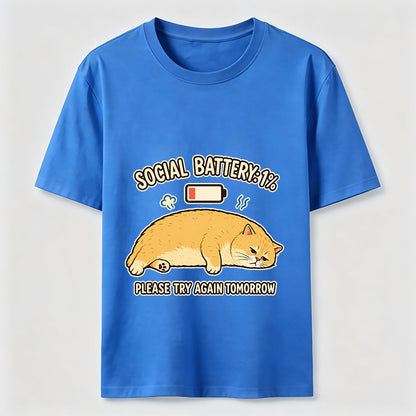 Social Battery 1% Funny Introvert Cat Lover Graphic Tee