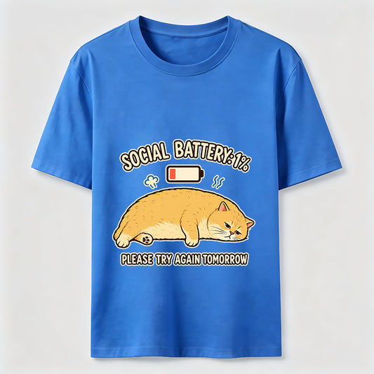 Social Battery 1% Funny Introvert Cat Lover Graphic Tee
