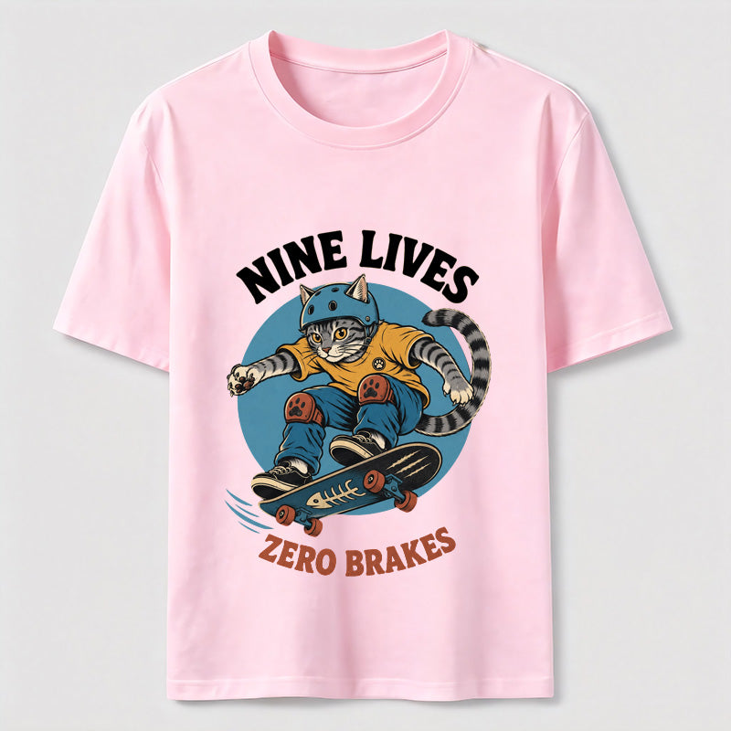 Nine Lives Zero Brakes Skateboarding Cat T-Shirt