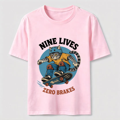 Nine Lives Zero Brakes Skateboarding Cat T-Shirt