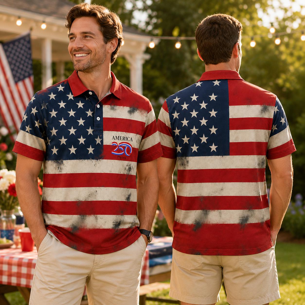Vintage Patriotic Polo Shirt, USA Flag Mens Polo, 1776 2026 America 250th Shirt, 4th of July Summer Shirt