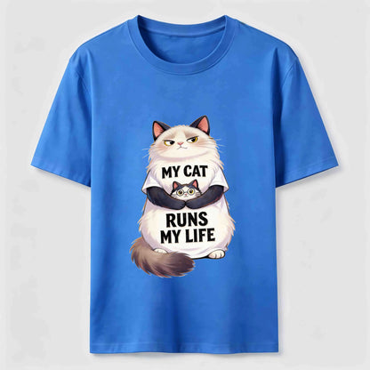 My Cat Runs My Life Funny Cat Lover Graphic Tee