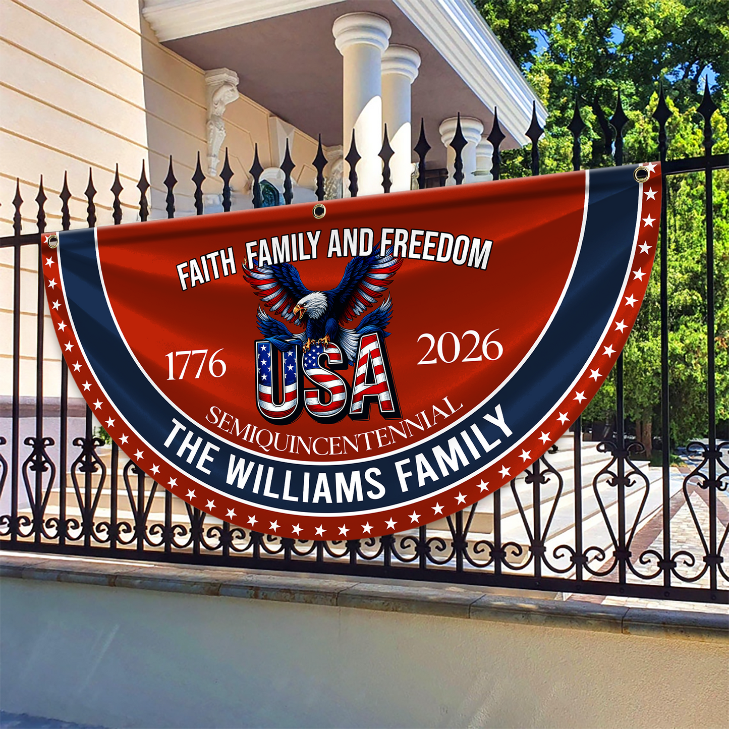 Custom Family Name Faith, Family & Freedom 250th Anniversary of America Non-Pleated Fan Flag CH07 910236