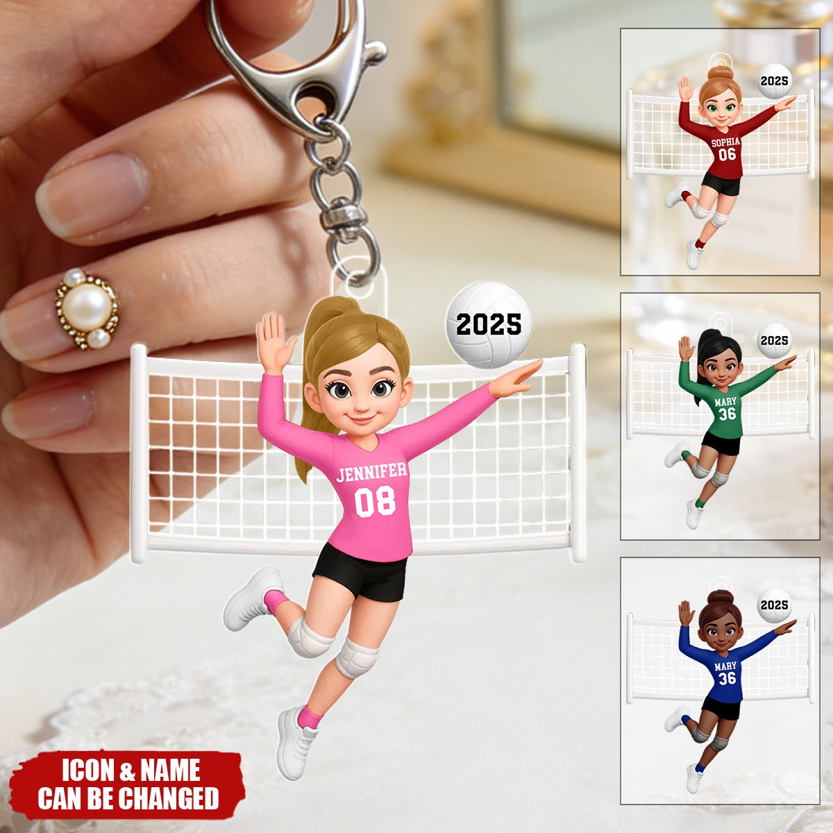 Keychain material and size view - Personalized Volleyball Girl Keychain