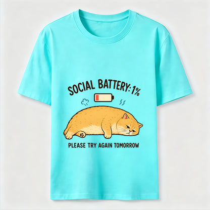 Social Battery 1% Funny Introvert Cat Lover Graphic Tee
