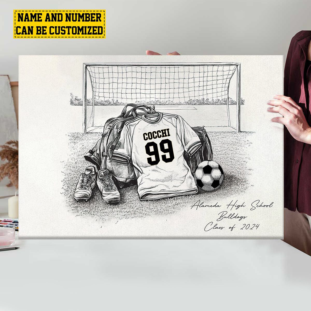 Custom soccer senior night canvas print featuring personalized sketchy jersey design for high school players graduation image 6