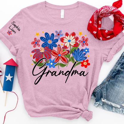 Personalized Grandma T Shirt with Colorful Floral Design, Custom Gift for Grandma, Perfect for Mother’s Day, 4th of July Shirt