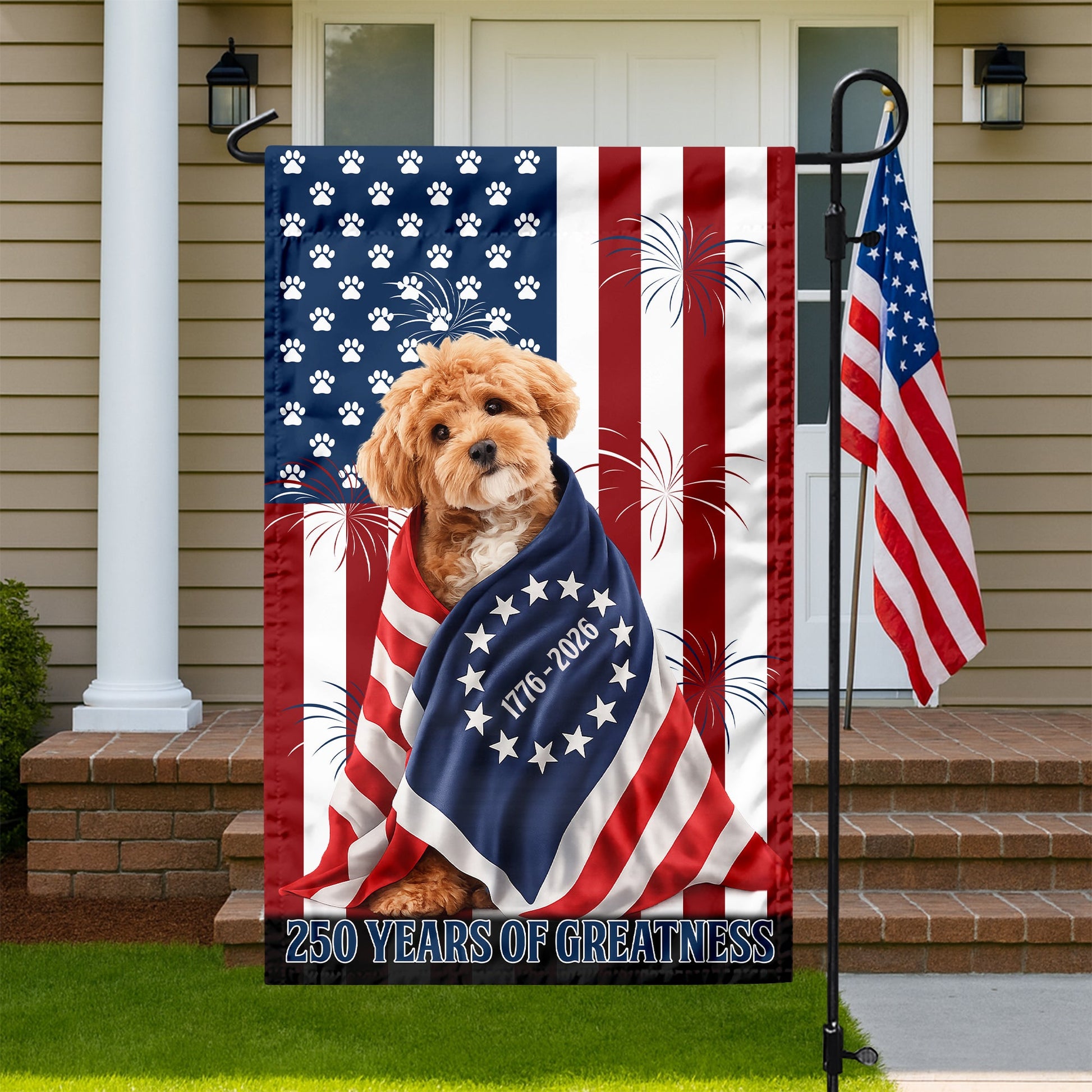 Custom Photo My Dog, Cat Loves USA 250 Patriotic Garden Flag HA75 898908