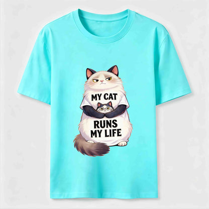 My Cat Runs My Life Funny Cat Lover Graphic Tee