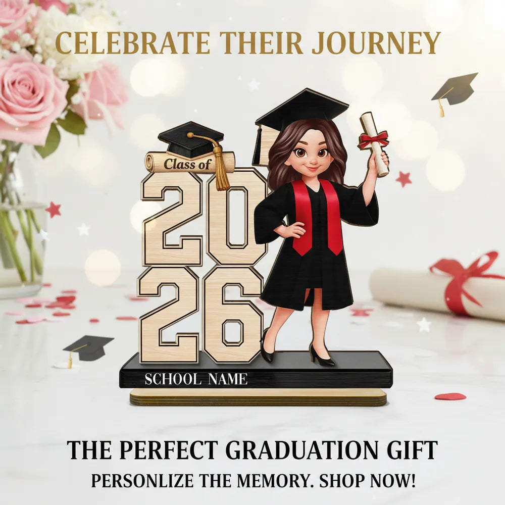 Custom Graduation Girl Character 2-Layer Wooden Plaque, Class Year Keepsake for Living Room Display, Thoughtful Gift