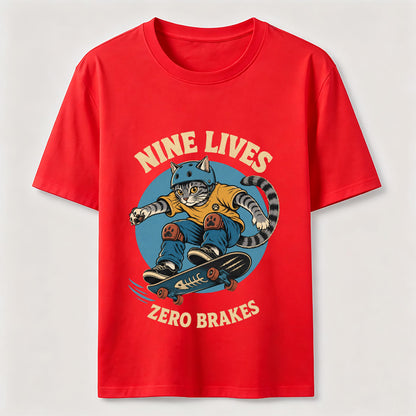 Nine Lives Zero Brakes Skateboarding Cat T-Shirt