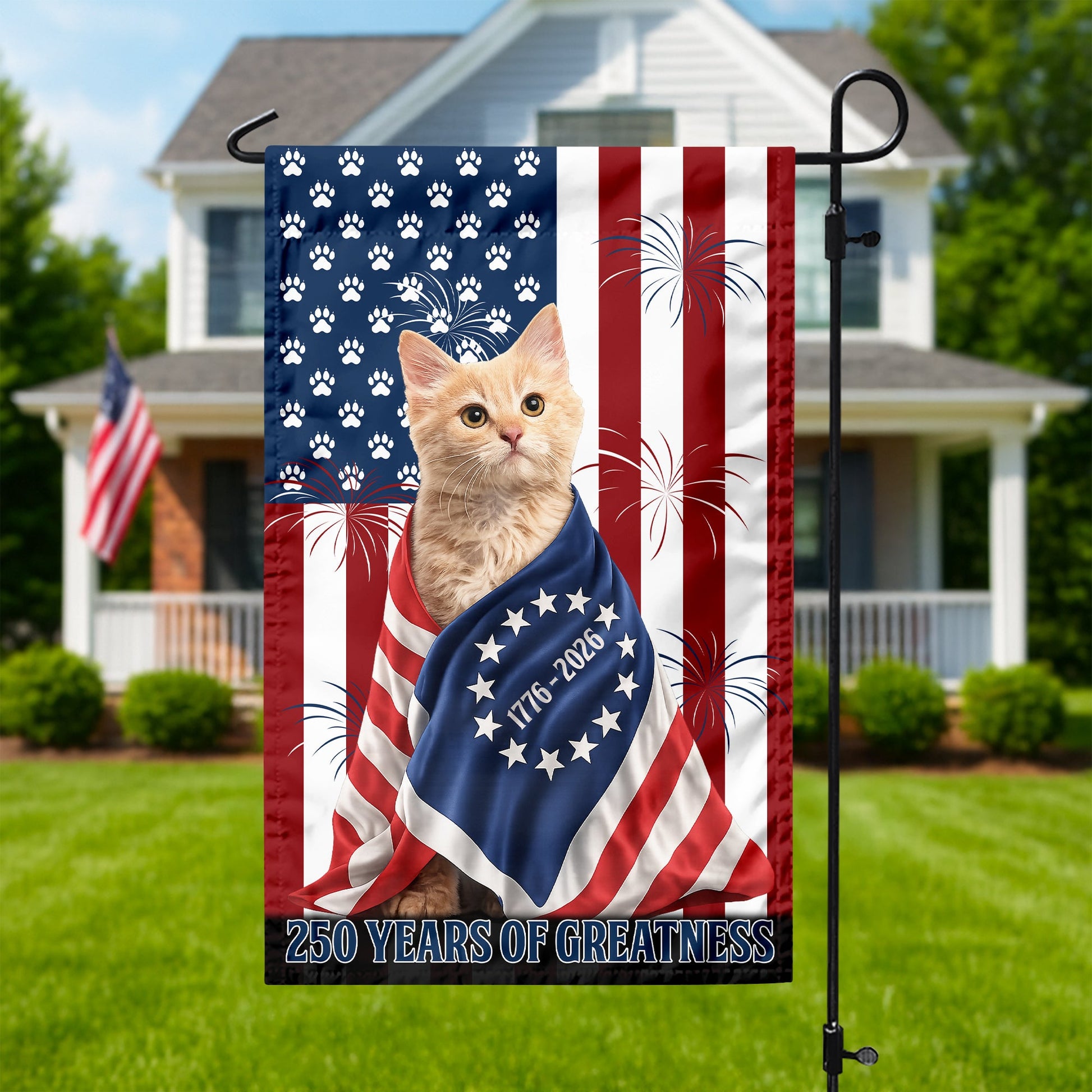 Custom Photo My Dog, Cat Loves USA 250 Patriotic Garden Flag HA75 898908