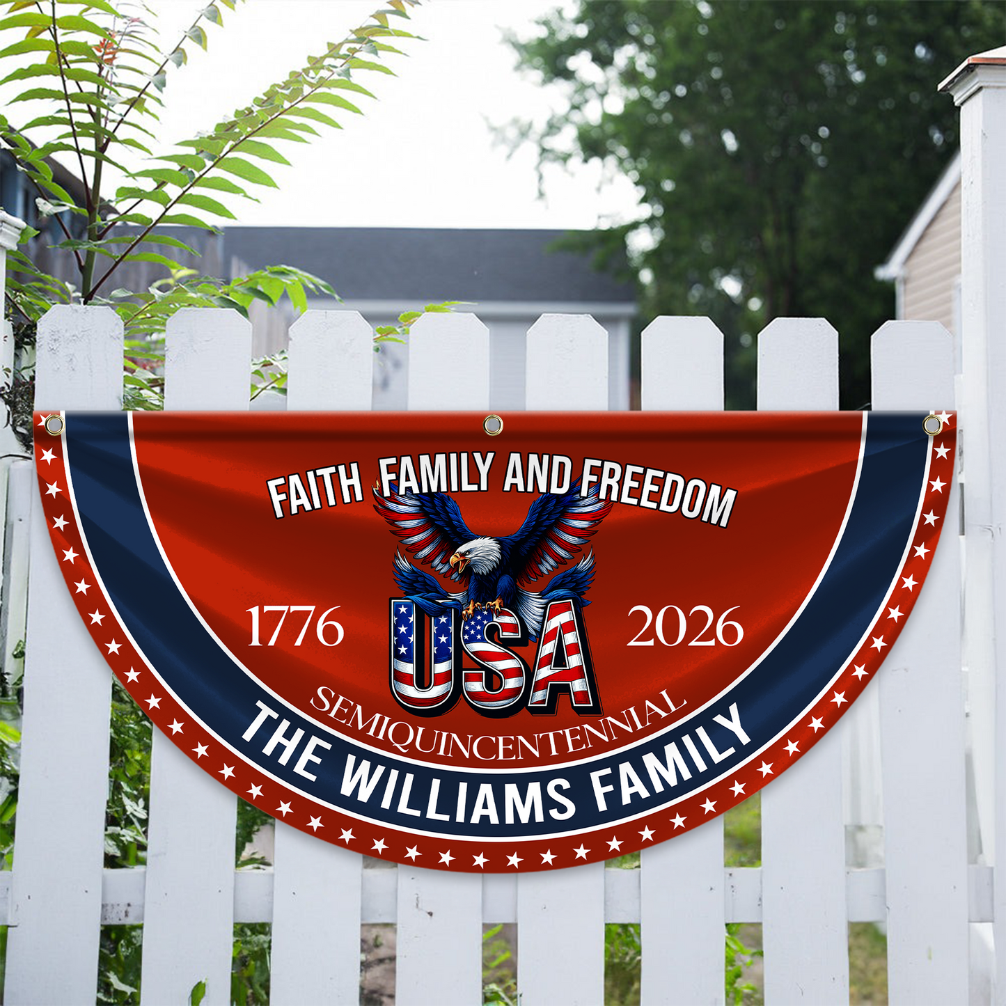 Custom Family Name Faith, Family & Freedom 250th Anniversary of America Non-Pleated Fan Flag CH07 910236