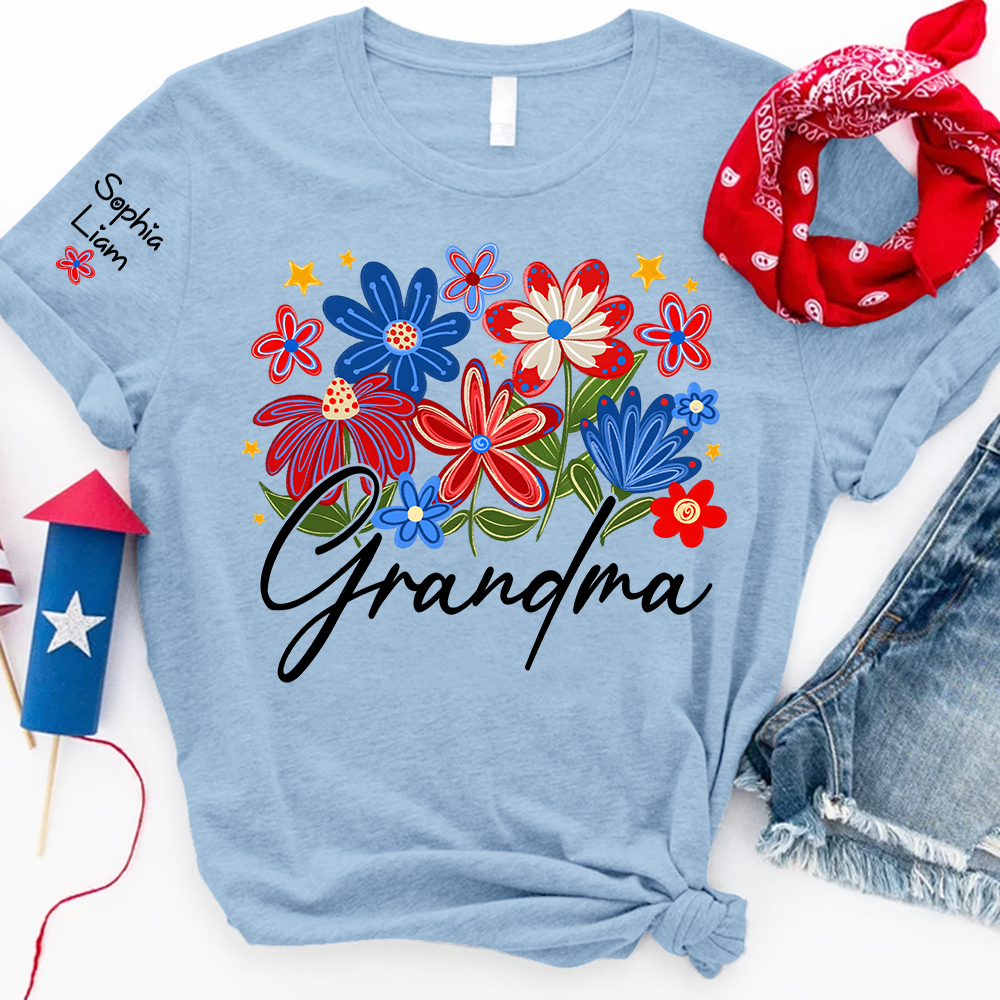 Personalized Grandma T Shirt with Colorful Floral Design, Custom Gift for Grandma, Perfect for Mother’s Day, 4th of July Shirt