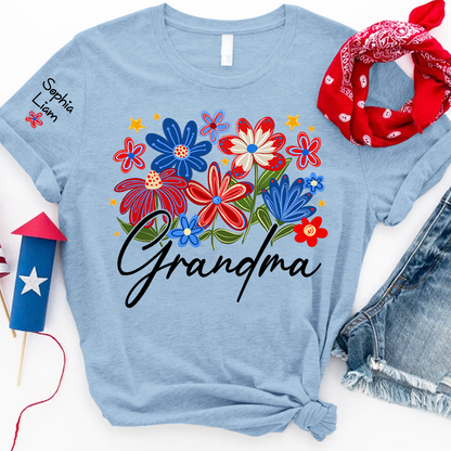 Personalized Grandma T Shirt with Colorful Floral Design, Custom Gift for Grandma, Perfect for Mother’s Day, 4th of July Shirt