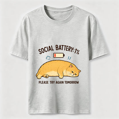 Social Battery 1% Funny Introvert Cat Lover Graphic Tee