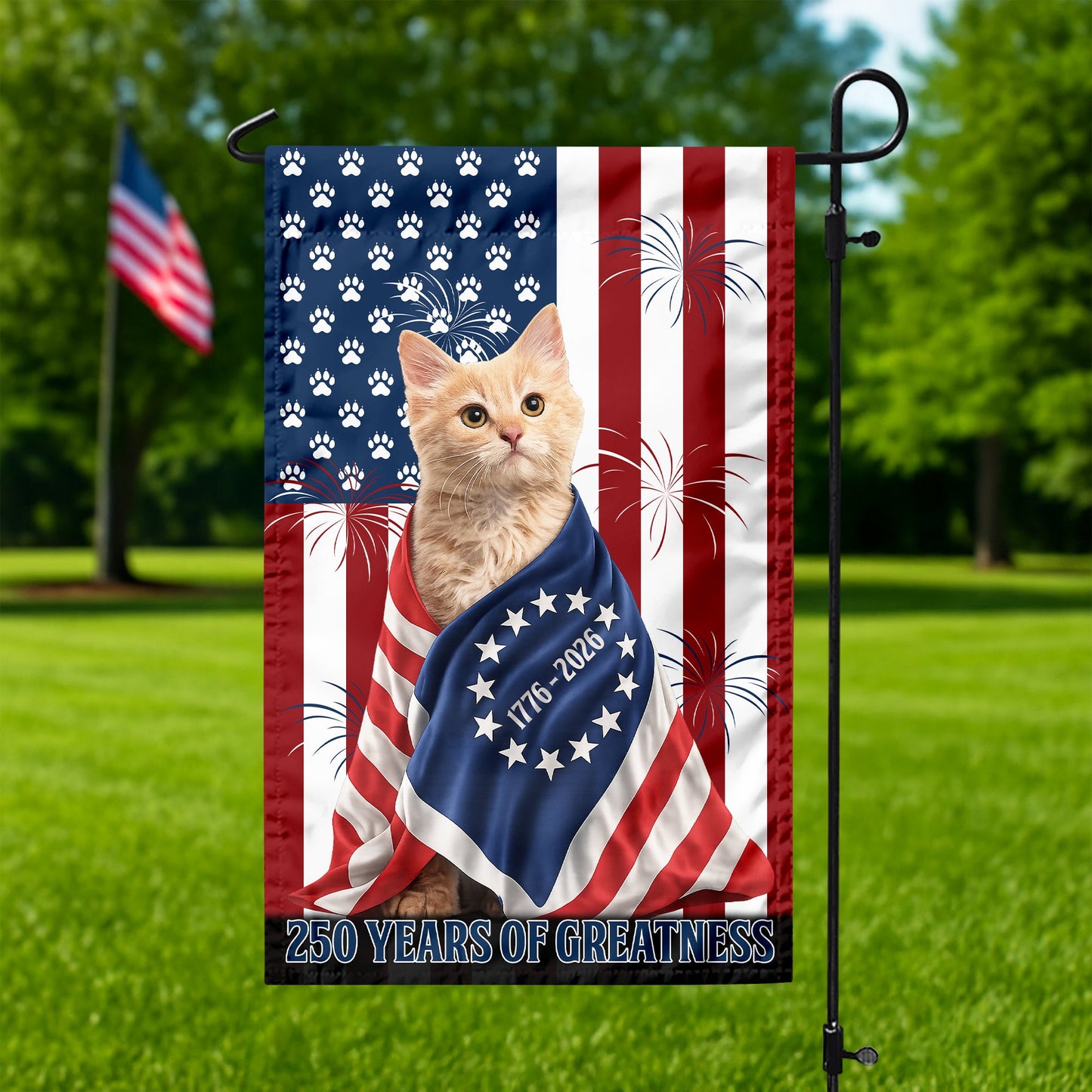 Custom Photo My Dog, Cat Loves USA 250 Patriotic Garden Flag HA75 898908