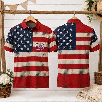 Vintage Patriotic Polo Shirt, USA Flag Mens Polo, 1776 2026 America 250th Shirt, 4th of July Summer Shirt