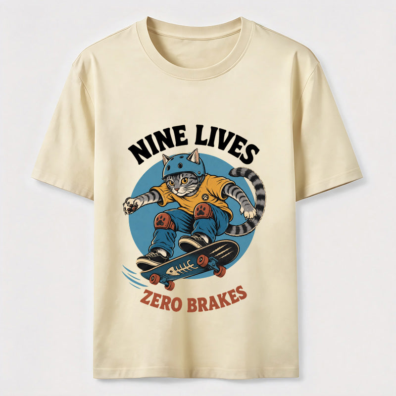 Nine Lives Zero Brakes Skateboarding Cat T-Shirt